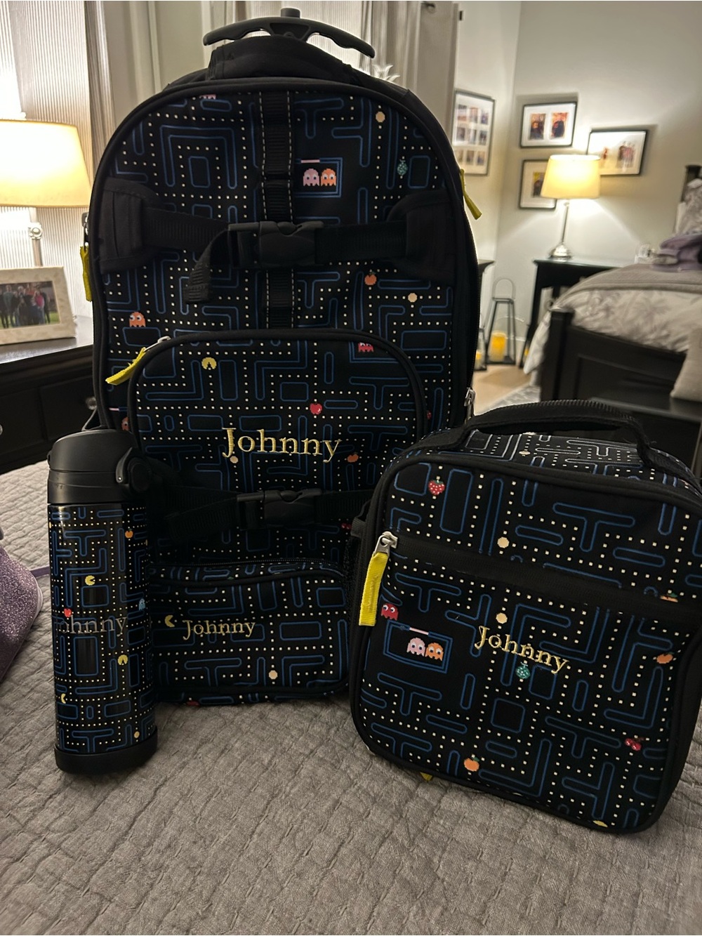 Pottery Barn Kids Glow in the Dark PAC-MAN Rolling Backpack Set w “Johnny” embro